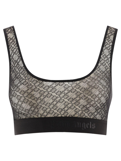 Shop Palm Angels Logo Waistband Sheer Tulle Bra In Nero