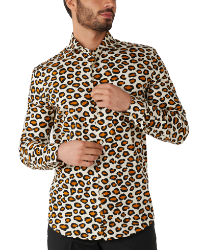Shop Opposuits Men's Long-sleeve Jaguar-print Shirt In Beige