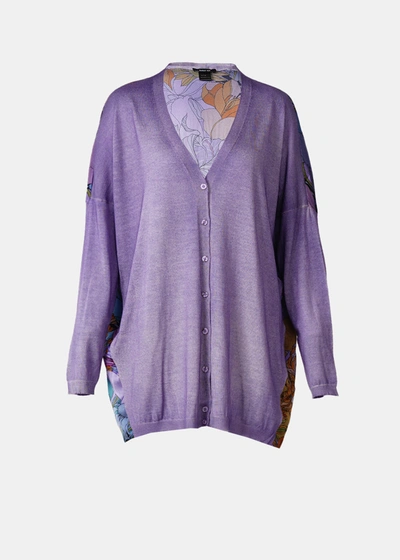 Shop Avant Toi Purple Cashmere Silk Cardigan With Back Peonies Silk