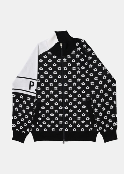 Shop Pearly Gates Black Daisy Pattern Full Zip Knit Jacket In Dark Navy