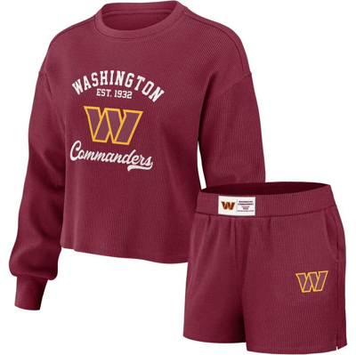 Shop Wear By Erin Andrews Burgundy Washington Commanders Waffle Knit Long Sleeve T-shirt & Shorts Lounge