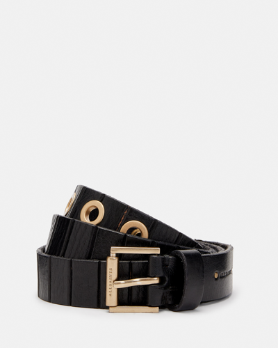 Shop Allsaints Kylin Leather Skinny Belt, In Black/warm Brass
