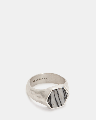Shop Allsaints Heli Sterling Silver Stone Hexagon Ring In Warm Silver