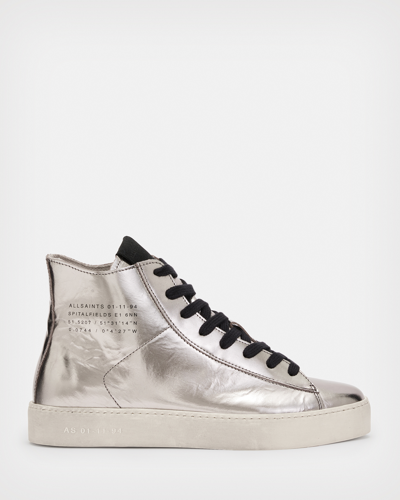 Shop Allsaints Tana Metallic Leather High Top Trainers, In Silver