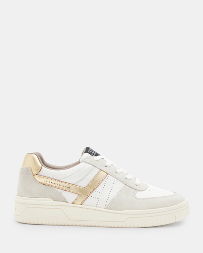 Shop Allsaints Vix Low Top Round Toe Suede Sneakers In White/gold