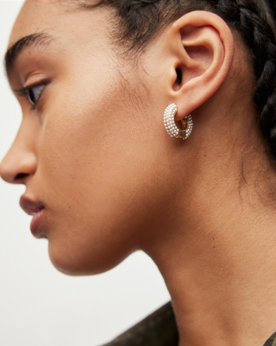 Shop Allsaints Pearl Beaded Chunky Hoop Earrings In Warm Brass