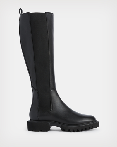 Allsaints Monica Knee High Leather Boots In Black