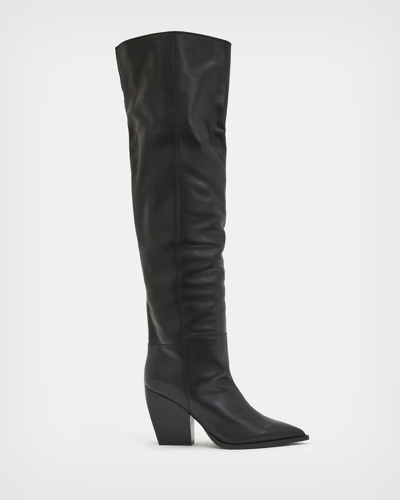 Shop Allsaints Reina Over Knee Leather Heeled Boots In Black