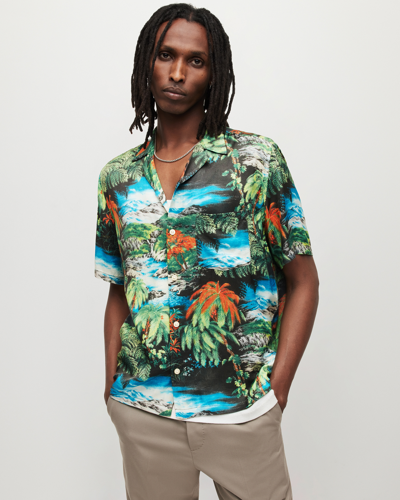 Shop Allsaints Bois Tropical Print Short Sleeve Shirt In Jet Black