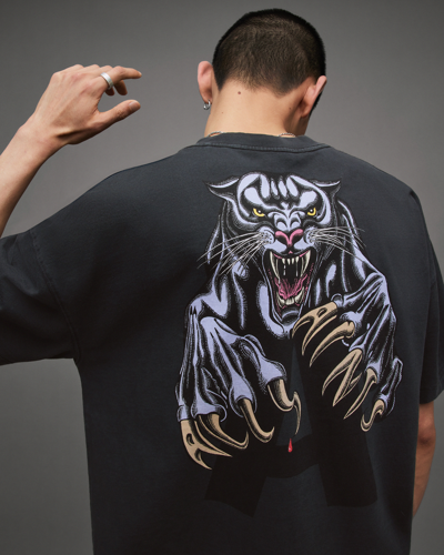 Shop Allsaints Beast Oversized Panther Crew T-shirt In Washed Black