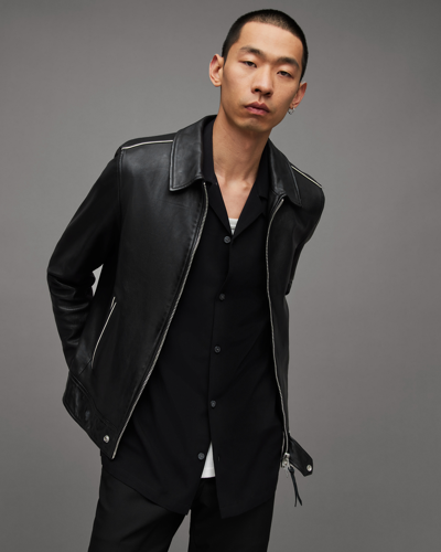 Shop Allsaints Regis Contrast Stitched Leather Jacket In Black