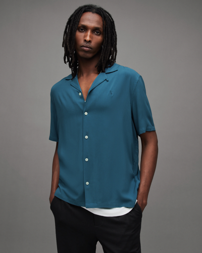 Shop Allsaints Venice Camp Collar Ramskull Shirt In Jade Blue