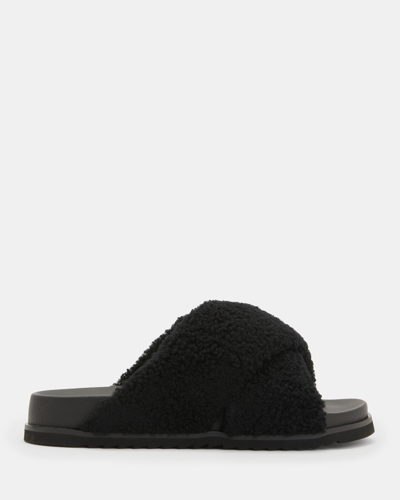 Shop Allsaints Saki Crossover Shearling Sandals, In Black