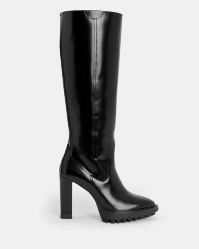 Shop Allsaints Harlem Leather Knee High Boots In Black Shine