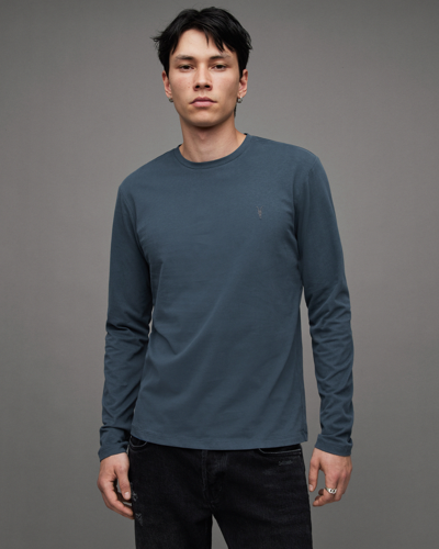 Shop Allsaints Brace Brushed Cotton Long Sleeve T-shirt In Jade Blue