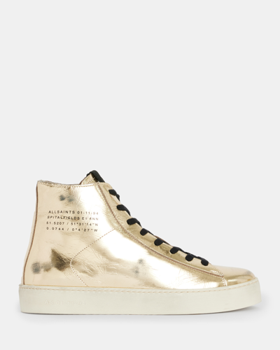 Shop Allsaints Tana Metallic High Top Leather Trainers In Gold