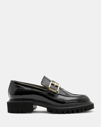 Shop Allsaints Emily Buckle Patent Leather Loafer Shoes, In Black