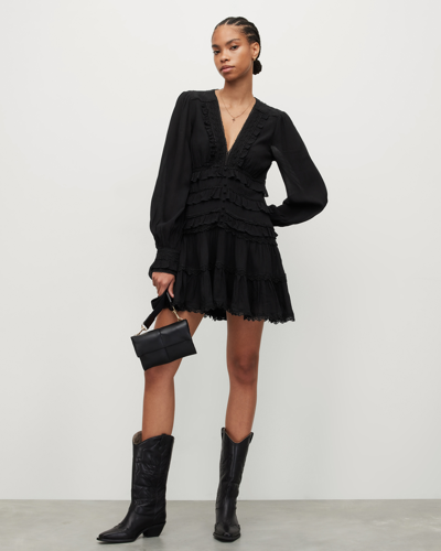 Shop Allsaints Zora V-neck Ruffled Mini Dress In Black