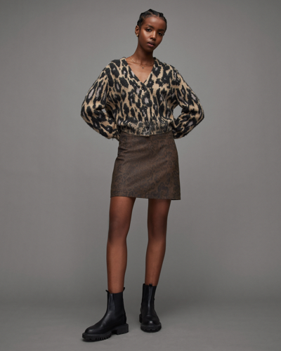 Shop Allsaints Lila Leather Leopard Print Skirt In Brown