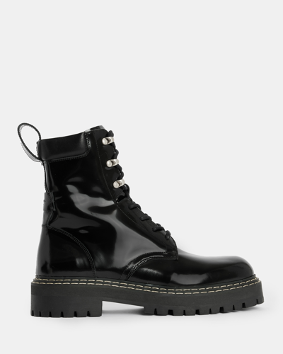 Shop Allsaints Heidi Shiny Leather Lace Up Boots In Black Shine