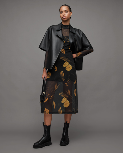Shop Allsaints Hanna Aretha Mesh Printed Midi Dress In Black/gold