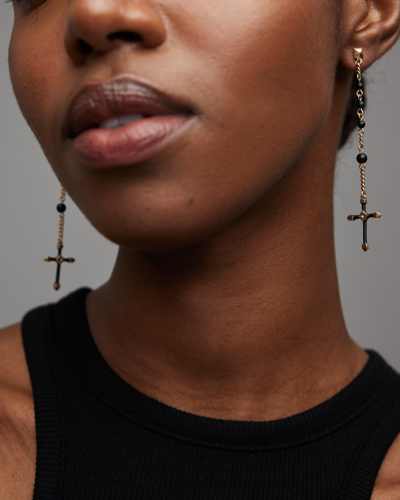 Shop Allsaints Lyra Cross Earrings In Black/warm Brass