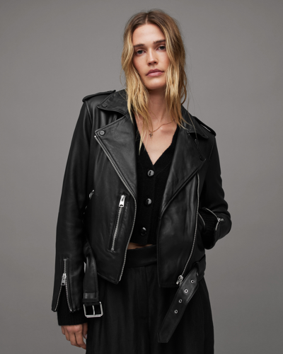 Shop Allsaints Balfern Belted Hem Leather Biker Jacket, In Black