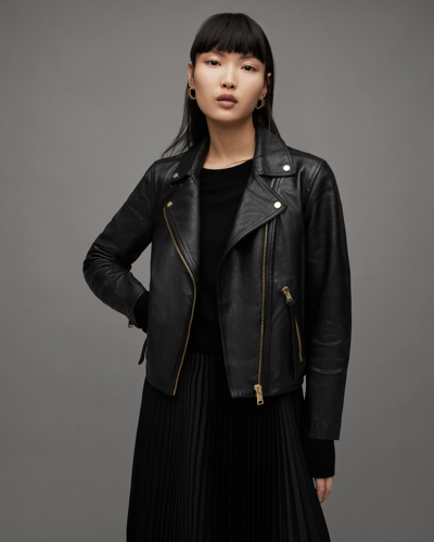 Shop Allsaints Dalby Slim Fit Leather Biker Jacket In Black/gold