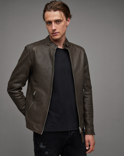 Shop Allsaints Cora Leather Snap Back Collar Jacket In Brown
