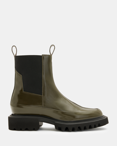 Shop Allsaints Harlee Shiny Leather Chunky Sole Boots In Bronze Green Shine