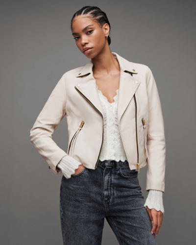 Shop Allsaints Dalby Slim Fit Leather Biker Jacket, In Cream