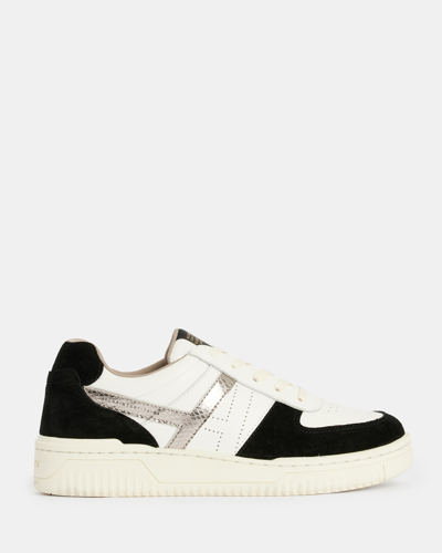 Shop Allsaints Vix Low Top Round Toe Suede Sneakers In White/black/gun