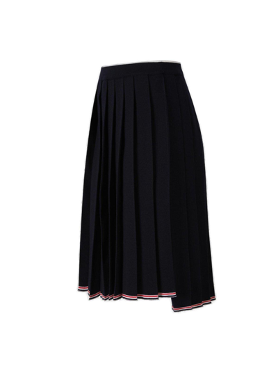 Shop Thom Browne Asymmetric Hem Midi Pleated Skirt In Navy