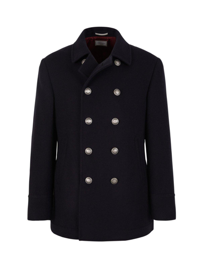 Shop Brunello Cucinelli Long Sleeved Double Breasted Coat In Blue