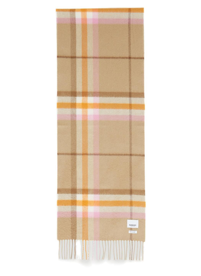 Shop Burberry Logo Patch Checked Fringed Scarf In Brown