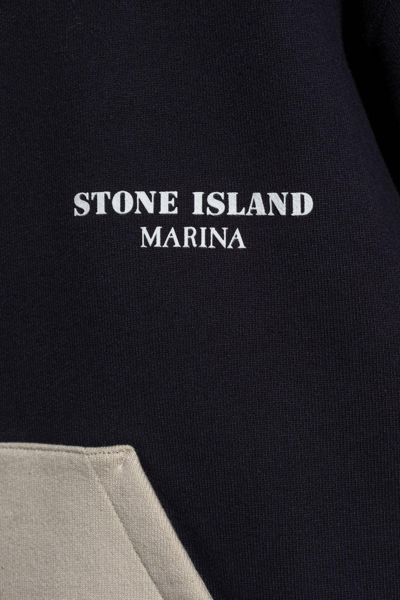 Shop Stone Island Logo Printed Drawstring Hoodie In Bleu