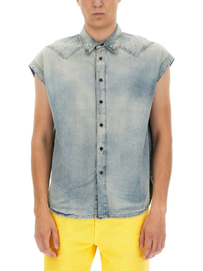 Shop Saint Laurent Buttoned Sleeveless Denim Shirt