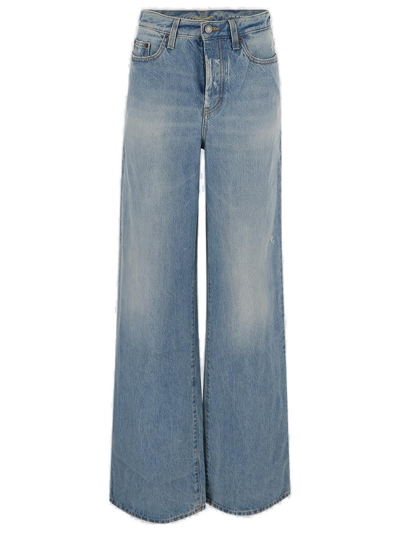 Shop Saint Laurent Button Detailed Straight Leg Jeans In Blu