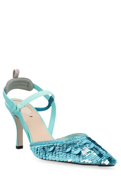 Shop Fendi Sequin-embellished High-heeled Slingback Pumps In Azzurro