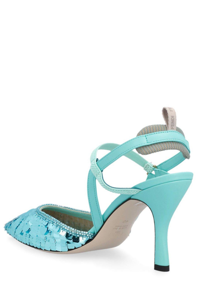 Shop Fendi Sequin-embellished High-heeled Slingback Pumps In Azzurro