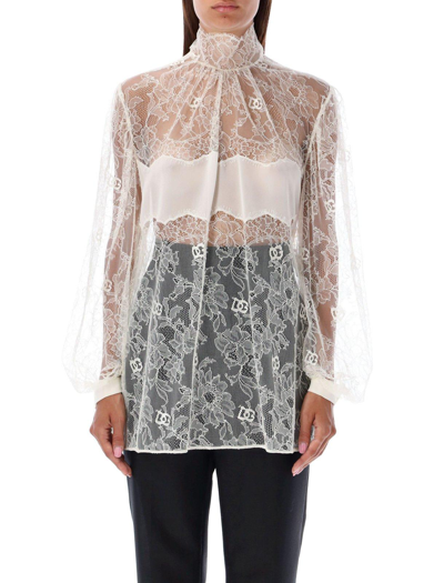 Shop Dolce & Gabbana Sheer-lace Bishop Sleeved Bouse In Bianco