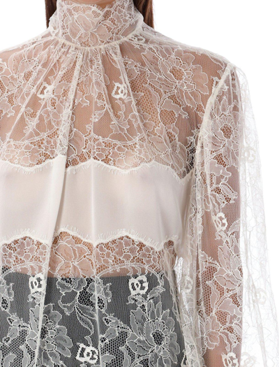 Shop Dolce & Gabbana Sheer-lace Bishop Sleeved Bouse In Bianco