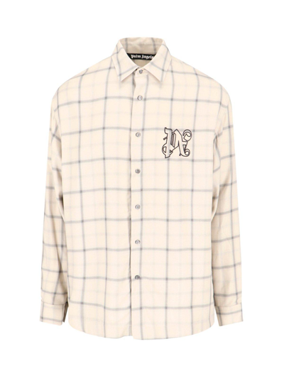 Shop Palm Angels Logo Embroidered Checked Long-sleeved Shirt