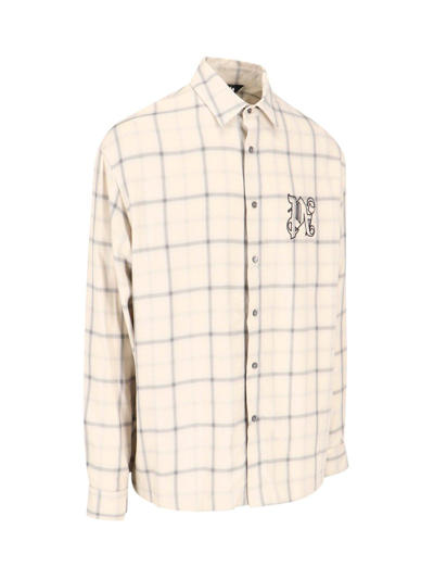 Shop Palm Angels Logo Embroidered Checked Long-sleeved Shirt