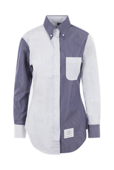 Shop Thom Browne Panelled Striped Button-up Shirt In Blue