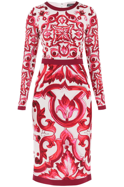 Shop Dolce & Gabbana Midi Silk Dress With Maiolica Motif