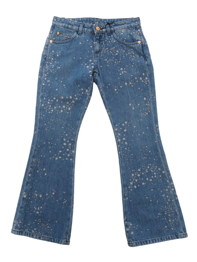 Shop Young Versace Logo Patch Star-printed Flared Jeans In Blu Argento