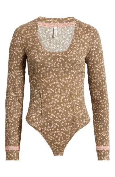 Shop Free People Sugar Dreams Floral Thermal Knit Bodysuit In Earth Combo