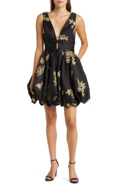 Shop Marchesa Notte Metallic Floral Bubble Hem Minidress In Black Gold