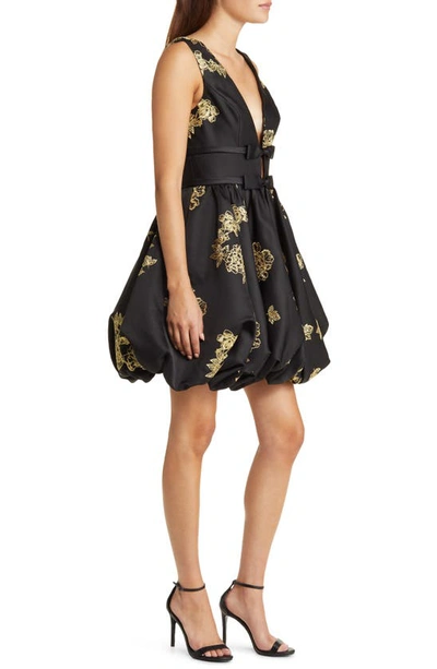 Shop Marchesa Notte Metallic Floral Bubble Hem Minidress In Black Gold